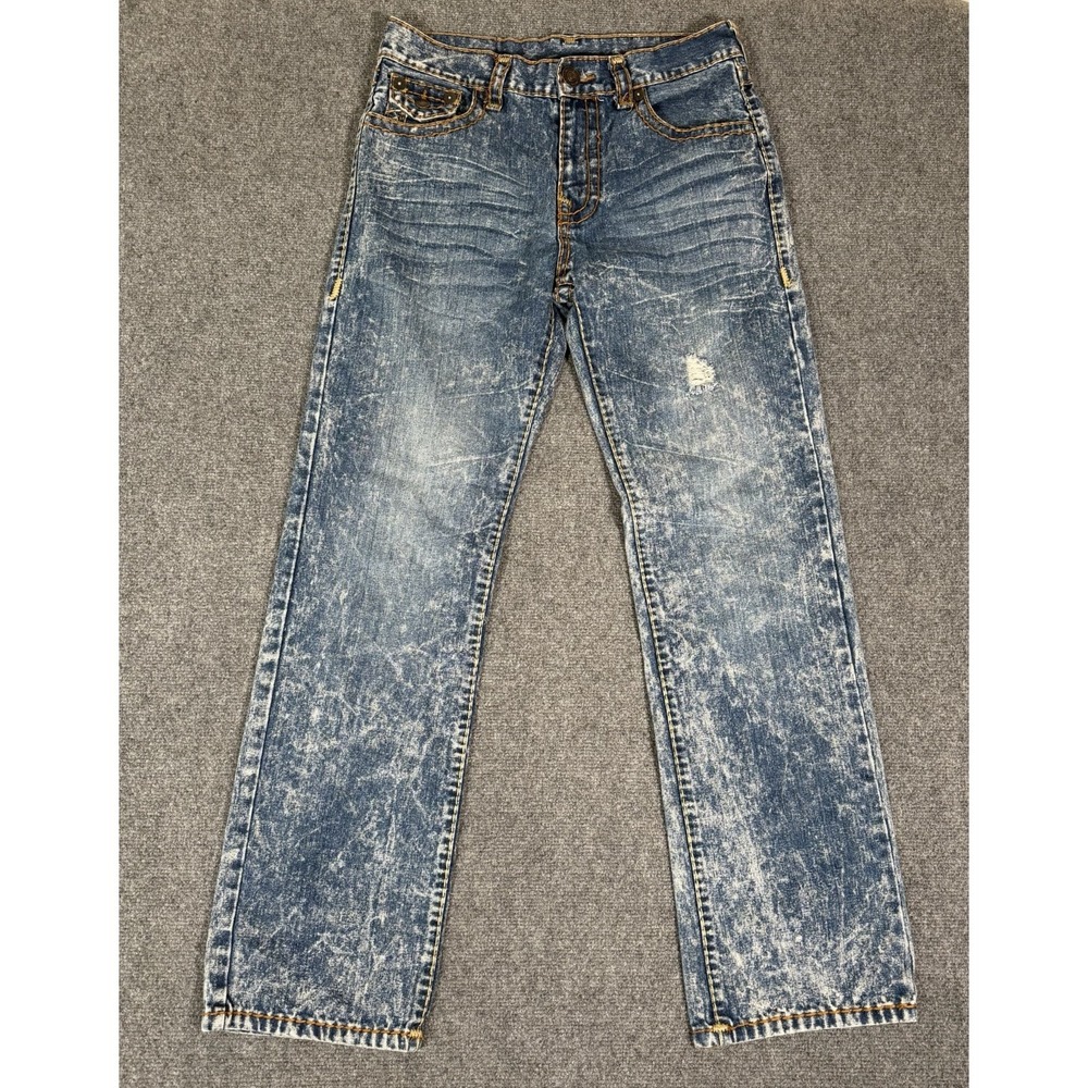 True Religion Ricky Straight Jeans Mens 34 Acid Wash Distressed Flap Pocket USA